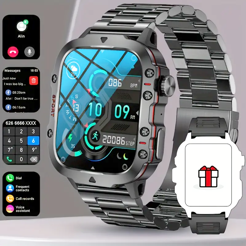 Men’s durable smartwatch with wireless calling, AI voice assistant, and 100+ fitness sports tracking modes.