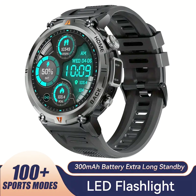 JELLOO waterproof smartwatch for men with LED flashlight, step tracking, and 3.68cm TFT display.