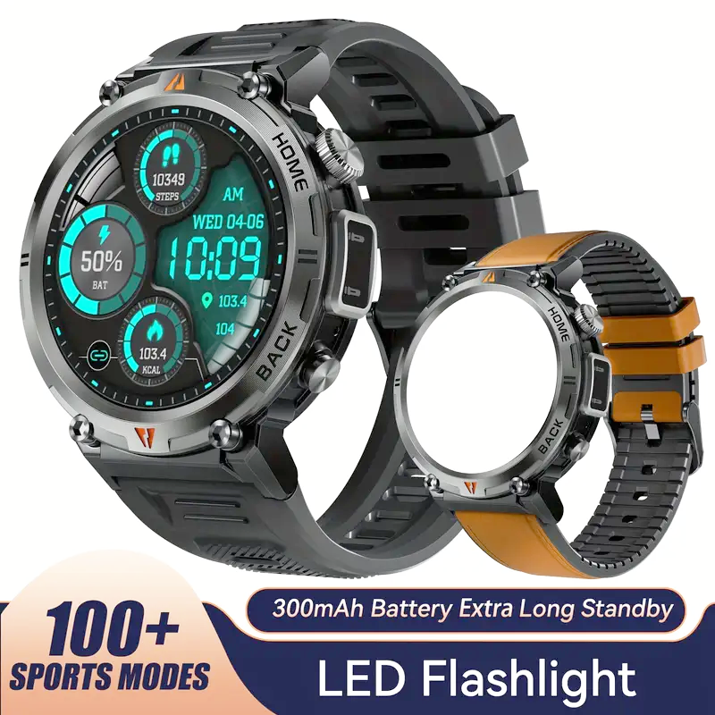 JELLOO waterproof smartwatch for men with LED flashlight, step tracking, and 3.68cm TFT display.