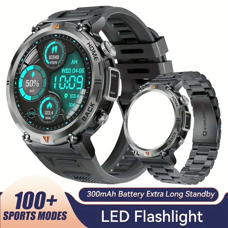 JELLOO waterproof smartwatch for men with LED flashlight, step tracking, and 3.68cm TFT display.