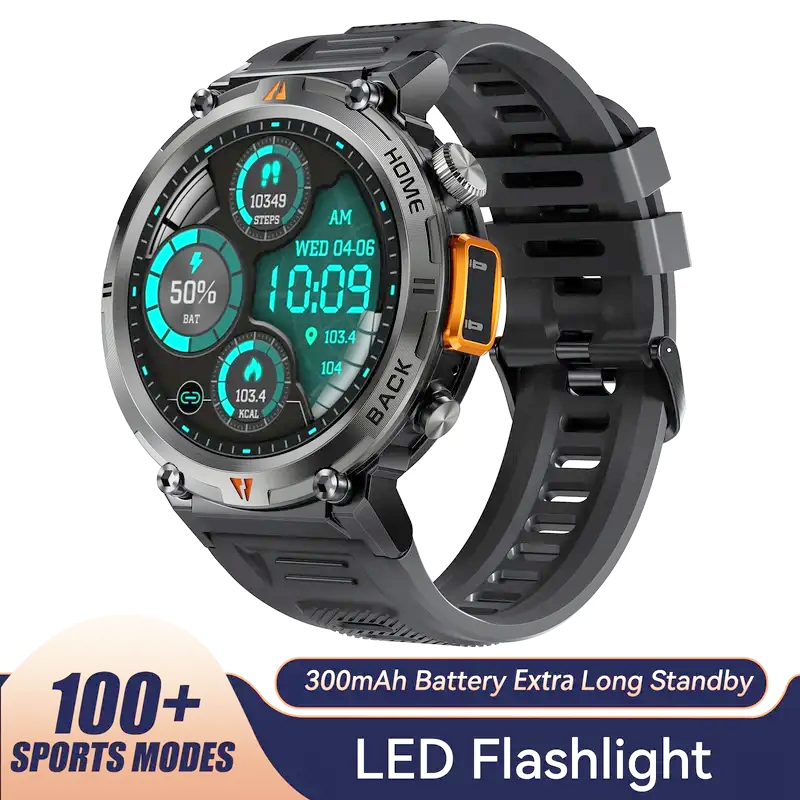 JELLOO waterproof smartwatch for men with LED flashlight, step tracking, and 3.68cm TFT display.