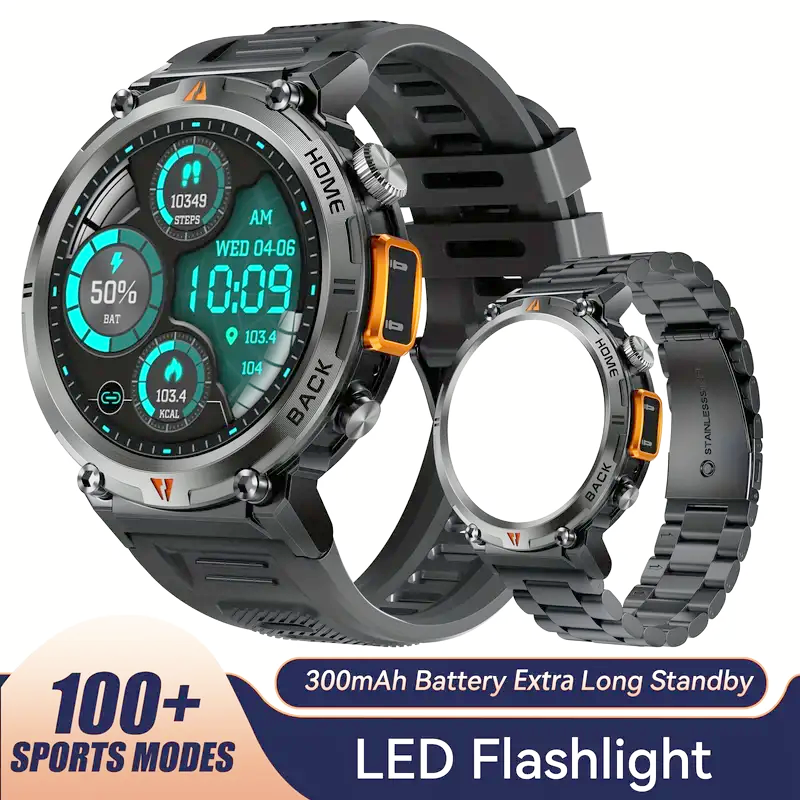 JELLOO waterproof smartwatch for men with LED flashlight, step tracking, and 3.68cm TFT display.