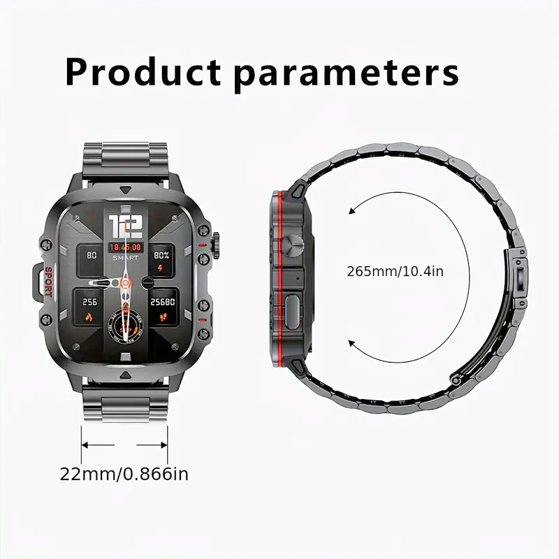 Men’s durable smartwatch with wireless calling, AI voice assistant, and 100+ fitness sports tracking modes.