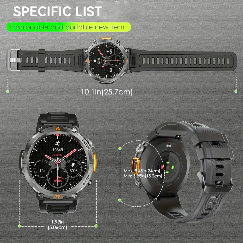 JELLOO waterproof smartwatch for men with LED flashlight, step tracking, and 3.68cm TFT display.