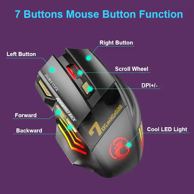 Rechargeable wireless silent mouse with RGB backlight and ergonomic design, ideal for office and study use.