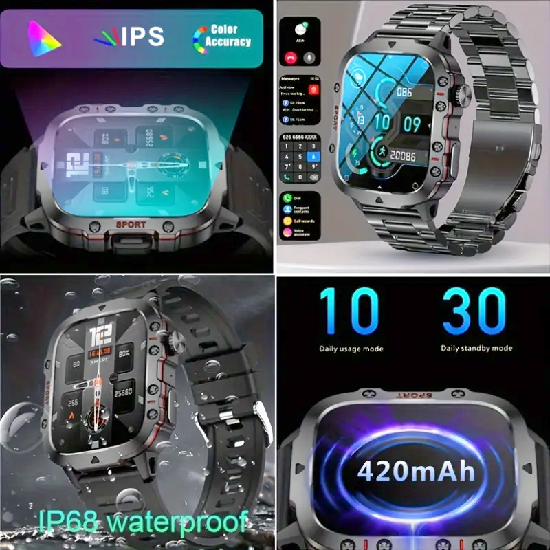Men’s durable smartwatch with wireless calling, AI voice assistant, and 100+ fitness sports tracking modes.