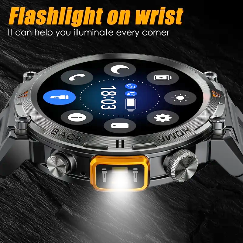 JELLOO waterproof smartwatch for men with LED flashlight, step tracking, and 3.68cm TFT display.