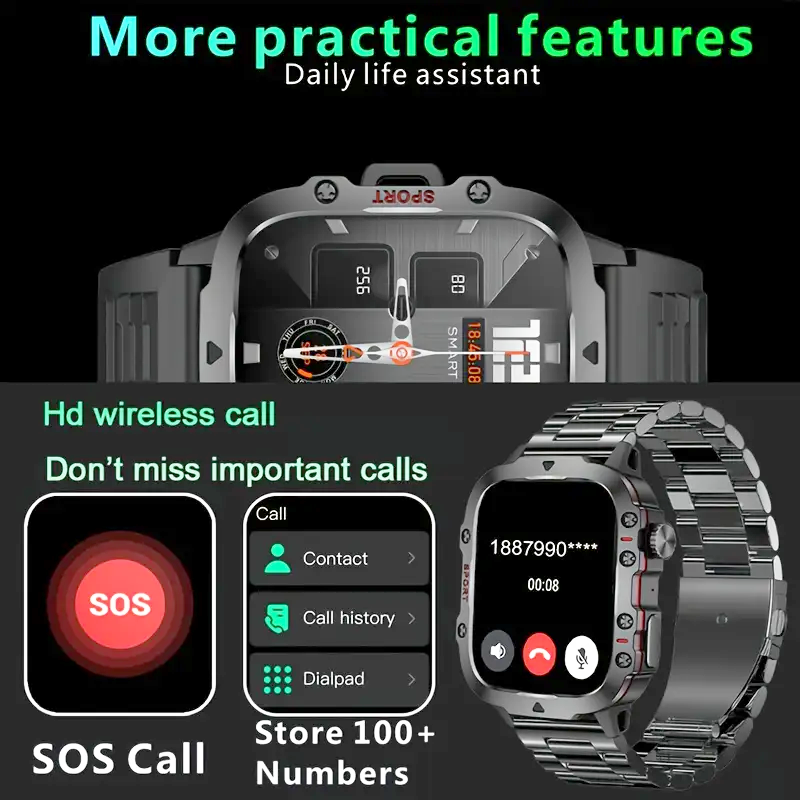 Men’s durable smartwatch with wireless calling, AI voice assistant, and 100+ fitness sports tracking modes.