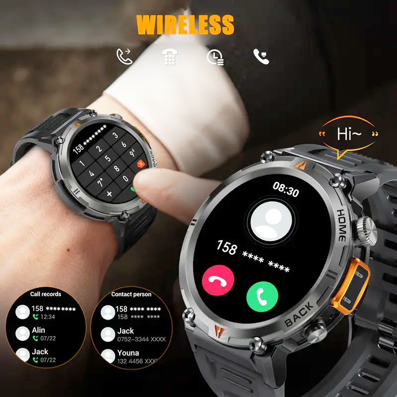 JELLOO waterproof smartwatch for men with LED flashlight, step tracking, and 3.68cm TFT display.