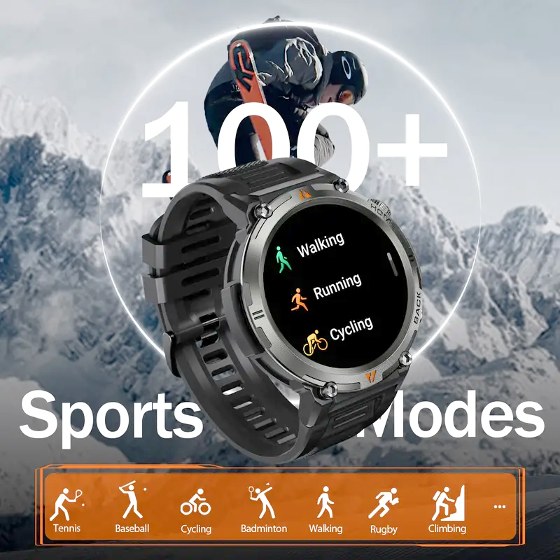 JELLOO waterproof smartwatch for men with LED flashlight, step tracking, and 3.68cm TFT display.