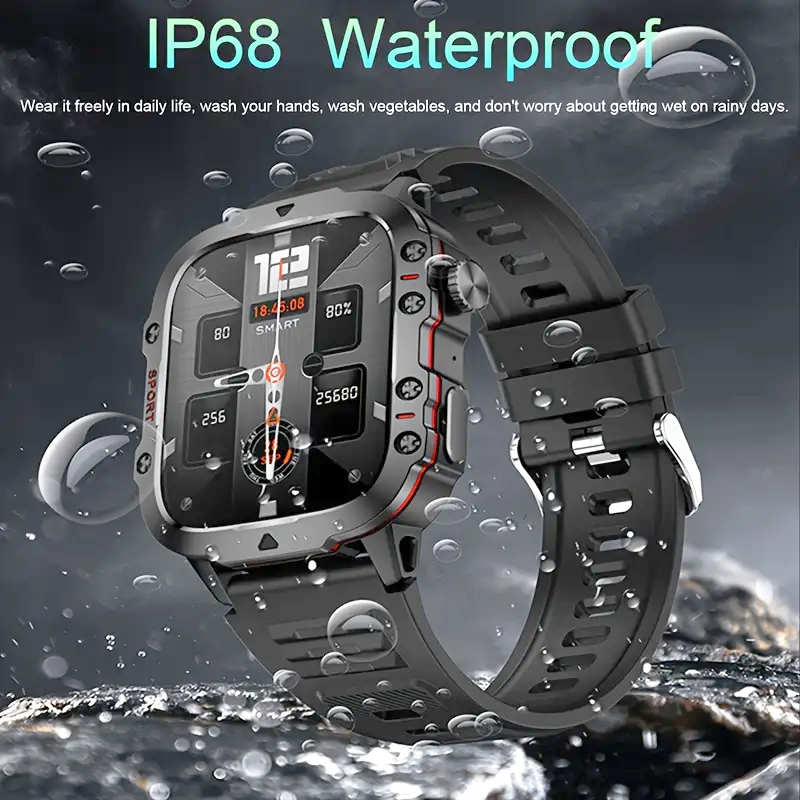 Men’s durable smartwatch with wireless calling, AI voice assistant, and 100+ fitness sports tracking modes.
