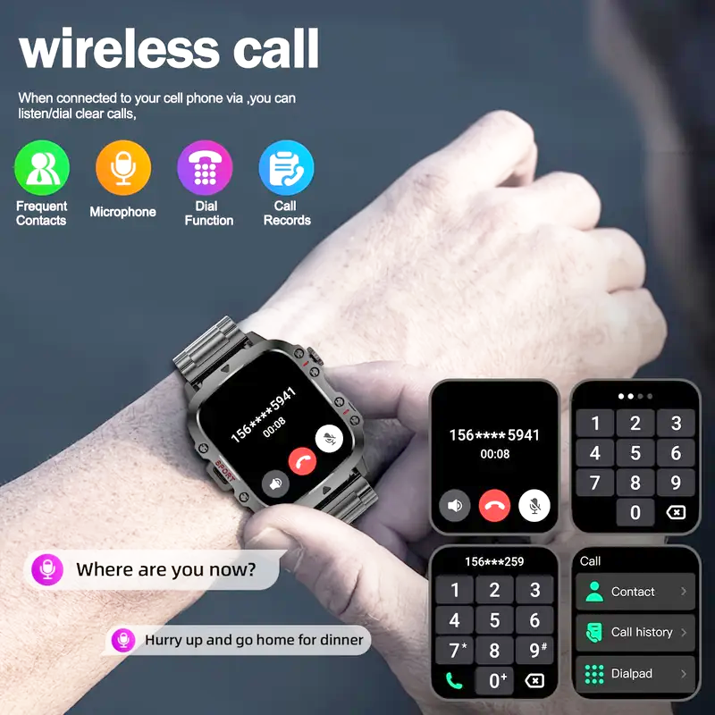Men’s durable smartwatch with wireless calling, AI voice assistant, and 100+ fitness sports tracking modes.