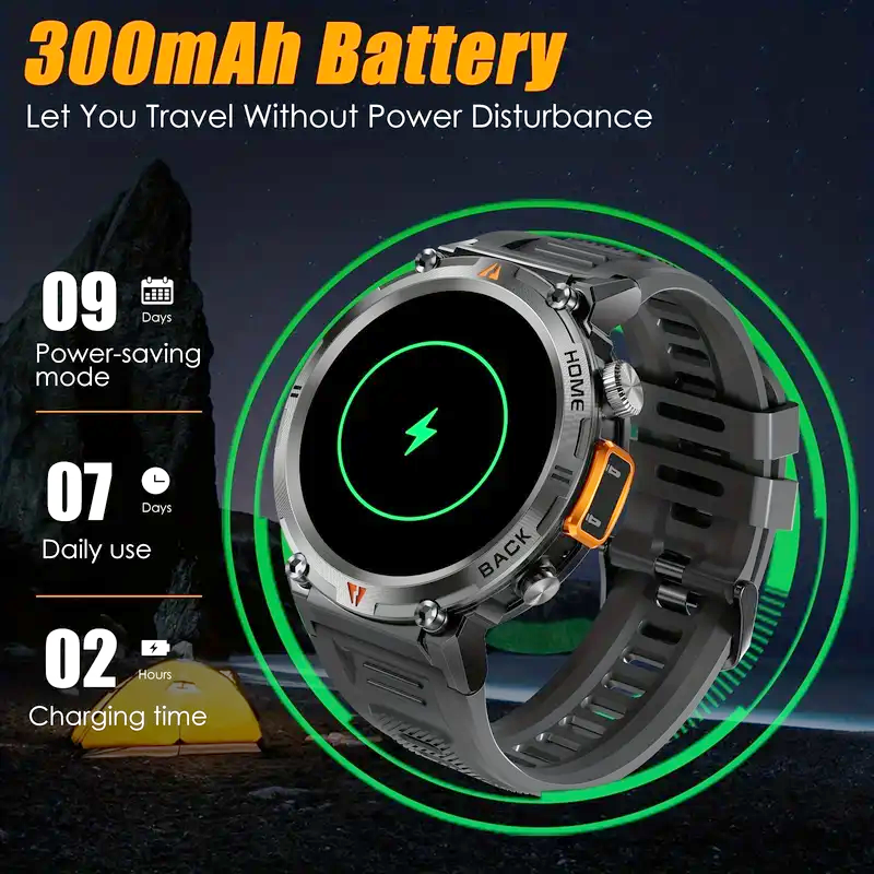 JELLOO waterproof smartwatch for men with LED flashlight, step tracking, and 3.68cm TFT display.