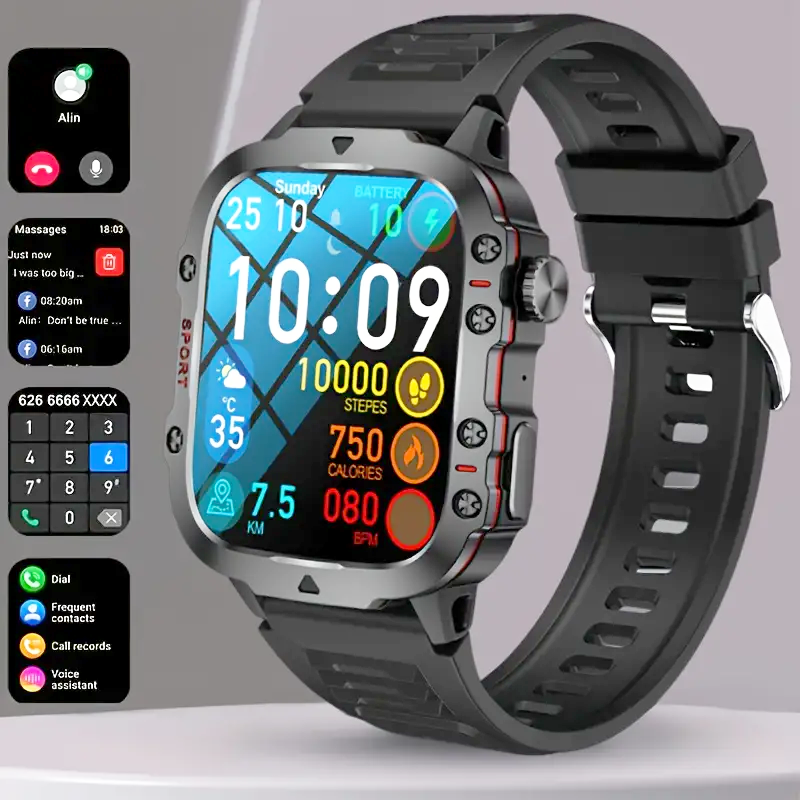 Men’s durable smartwatch with wireless calling, AI voice assistant, and 100+ fitness sports tracking modes.
