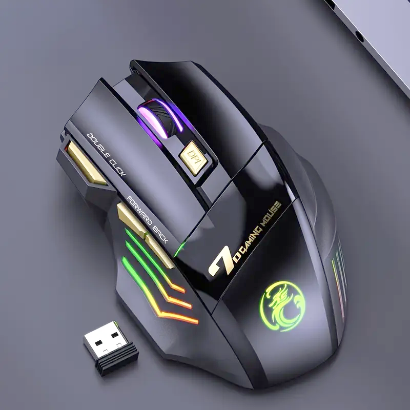 Rechargeable wireless silent mouse with RGB backlight and ergonomic design, ideal for office and study use.