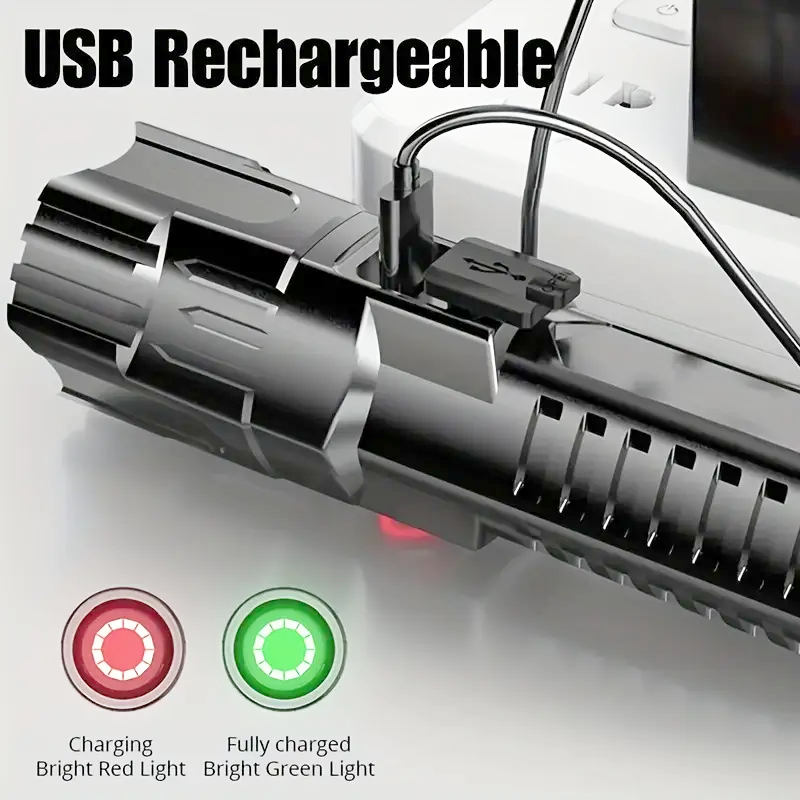 USB Rechargeable LED Flashlight with Wide Beam for Camping and Hiking