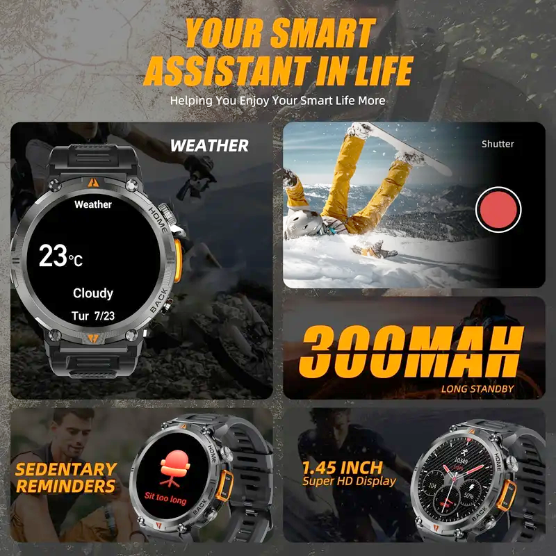 JELLOO waterproof smartwatch for men with LED flashlight, step tracking, and 3.68cm TFT display.