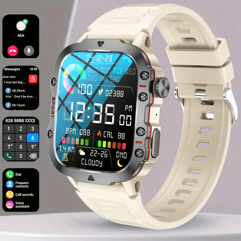 Men’s durable smartwatch with wireless calling, AI voice assistant, and 100+ fitness sports tracking modes.