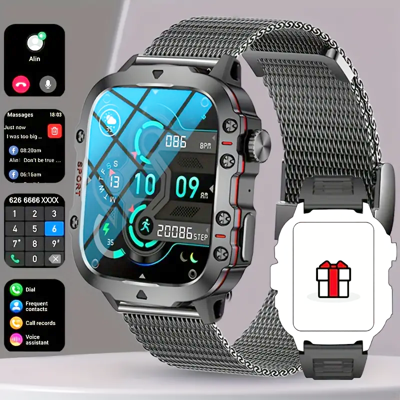 Men’s durable smartwatch with wireless calling, AI voice assistant, and 100+ fitness sports tracking modes.